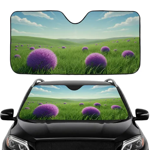 Purple Fluffy Flowers Green Grass Rolling Hills - Nature Lover Gift Car Sunshade