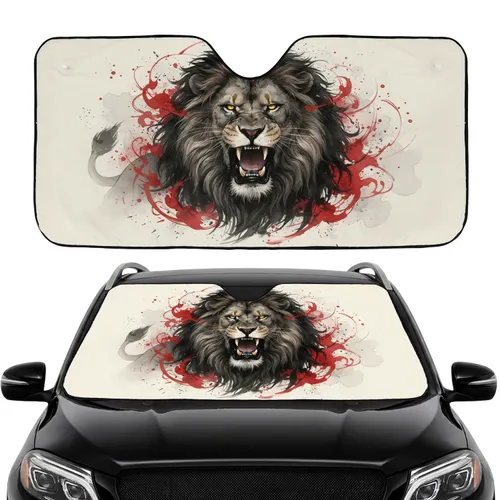 Lion Roar Fangs Golden Eyes Mane Red Ink Splashes - Wildlife Lover Gift Car Sunshade