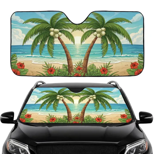 Majestic Tropical Palm Trees Coconuts Hibiscus Ocean - Travel Essentials Car Sunshade
