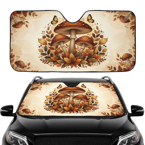 Speckled Cap Mushrooms Butterfly Autumn Forest Leaves - Nature Lover Woodland Decor Car Sunshade