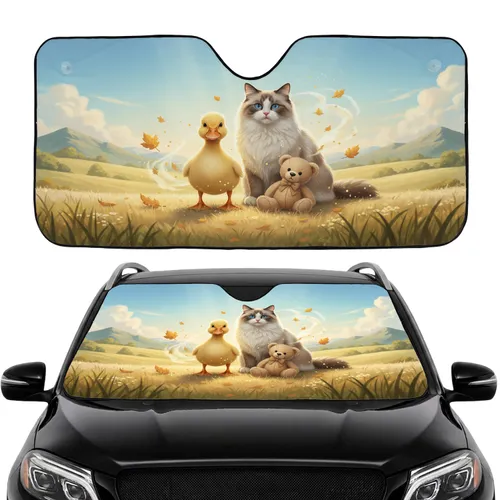 Baby Duck Ragdoll Cat Blue Eyes Teddy Bear Rolling Hills Sky - Wildlife Lover Gift Car Sunshade