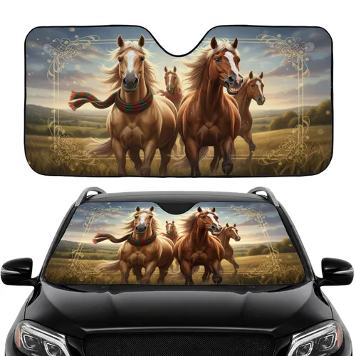 Expressive Horses Golden Hour Countryside Scene - Horse Lover Gift Car Sunshade