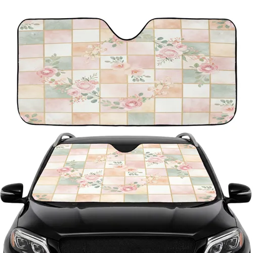 Watercolor Flowers Berries Leaves Checkered Quilt - Car Decor Gift Car Sunshade
