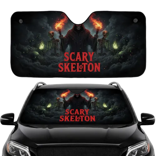 Grim Reaper Scary Skeleton Glowing Eyes Fiery Flames - Halloween Decor Gift Car Sunshade