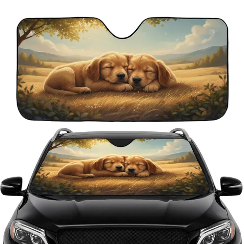 Snuggled Golden Retriever Puppies Meadow - Dog Lover Travel Gift Car Sunshade
