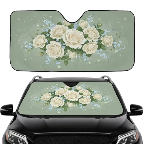 Creamy White Roses Pale Blue Flowers Light Green Hearts Car Decor Gift Car Sunshade