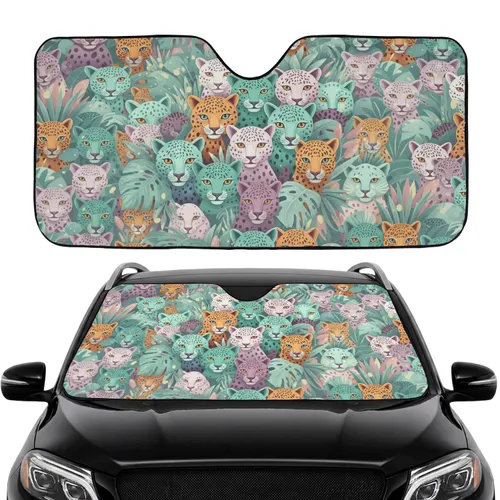 Jungle Cat Leopard Faces Tropical Leaves - Wildlife Lover Gift for Cat Lover Car Sunshade