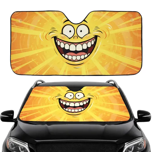 Wide-Eyed Grinning Cartoon Face with Bright White Teeth - Cartoon Fan Gift Car Sunshade