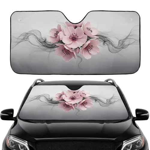 Delicate Pink Flowers Swirling Dark Tendrils Misty Gray - Car Decor Gift Car Sunshade