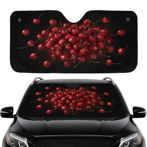 Floating Glossy Ripe Red Cherries Green Stems Black Background - Fruit Lover Gift Car Sunshade