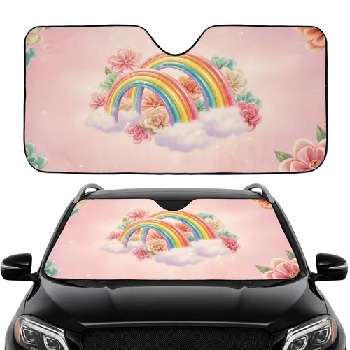 Iridescent Ribbon Rainbows Ribbon Flowers Puffy Clouds Glitter - Everyday Vehicle Decor Gift Car Sunshade