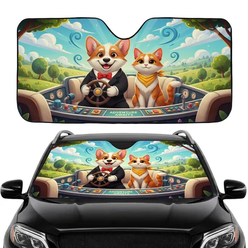 Corgi Cat Suit Bow Tie Driving Rolling Hills - Pet Lover Auto Accessory Gift Car Sunshade