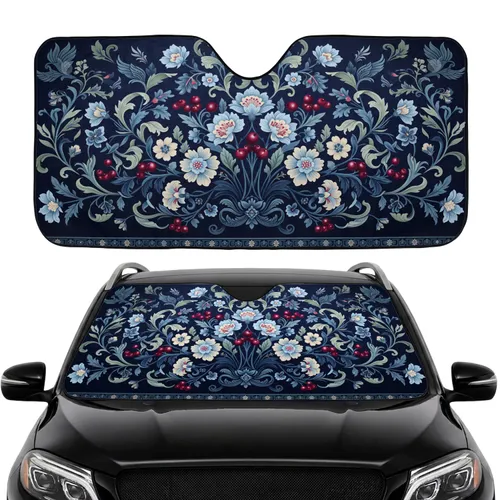 Floral Tapestry Light Blue White Crimson Red Berries Vines - Car Decor Gift Car Sunshade