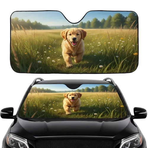 Lush Grass Golden Retriever Puppy Running Wildflower Meadow - Dog Lover Gift Car Sunshade