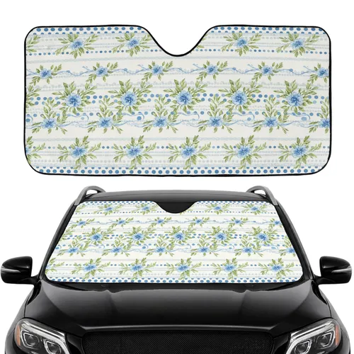 Elegant Watercolor Blue Floral Sprigs Blossoms Leaves Ribbons Polka Dot Scalloped Car Sunshade