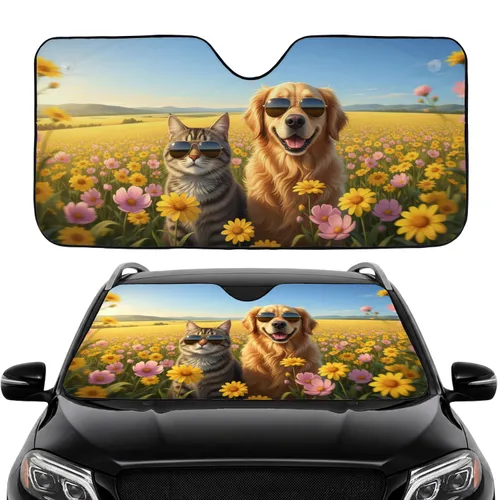 Cool Tabby Cat Golden Retriever Dog Wildflower Fields - Scenic Drive Wildlife Lover Gift Car Sunshade