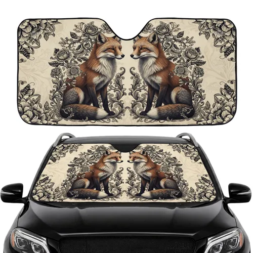 Realistic Symmetrical Foxes Botanical Floral Vines - Nature Lover Car Decor Gift Car Sunshade