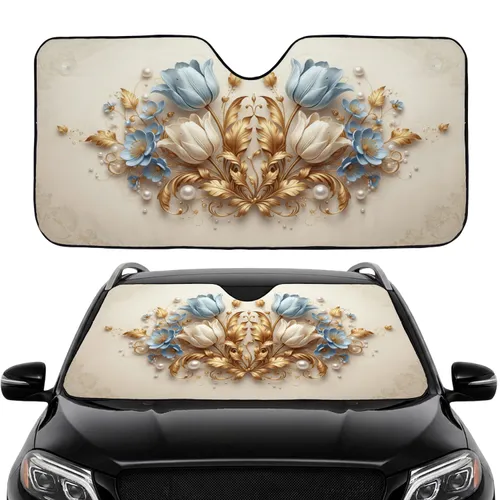 Symmetrical Ivory Blue Tulip Gold Leaves Blue Flowers Pearls - Luxury Car Decor Gift Car Sunshade