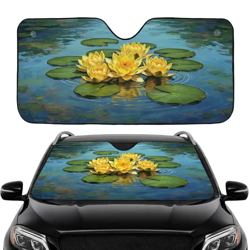 Multiple Yellow Water Lilies Varied Green Lily Pads Pond Water Surface - Nature Lover Gift Car Sunshade