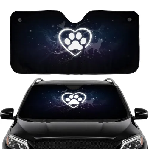 Glowing Heart Paw Print Pet Silhouettes Serene Night Sky - Pet Lover Car Decor Gift Car Sunshade