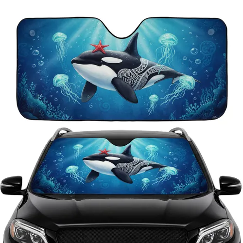 Orca Killer Whale Red Starfish Glowing Jellyfish Ocean - Marine Lover Gift Car Sunshade