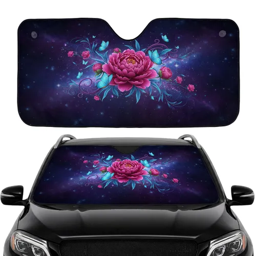 Cosmic Nebula Fuchsia Pink Peony Cyan Butterfly - Car Decor Gift Car Sunshade