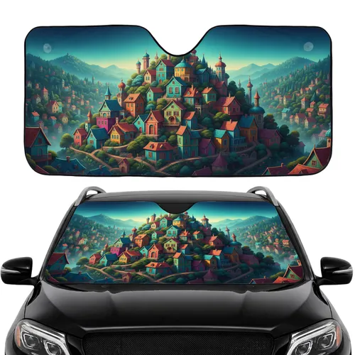 Unique Houses Hillside Town Rolling Hills Tree Landscape - Travel Essentials Car Sunshade