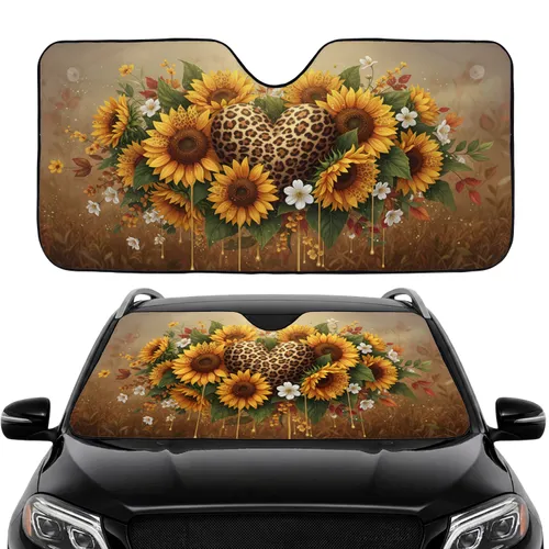Golden Sunflower Leopard Heart White Blossoms Green Foliage - Everyday Car Accessory Car Sunshade