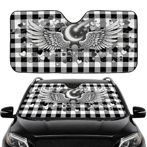 Majestic Angel Wings Crescent Moon Ringed Planet Buffalo Plaid - Celestial Lover Gift Car Sunshade