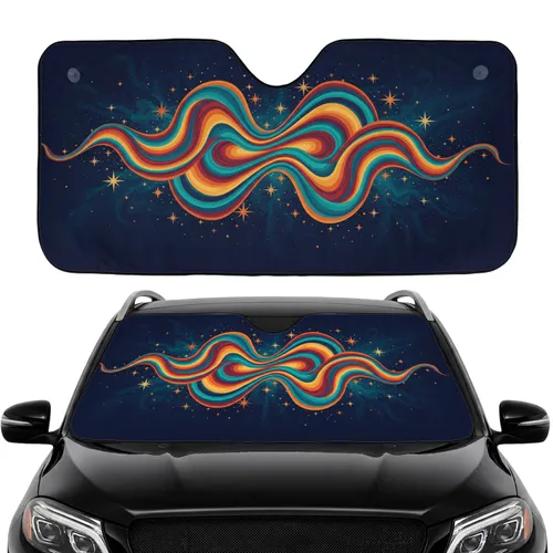 Thick Undulating Psychedelic Wave Stripes Celestial Stars - Groovy Lifestyle Gift Car Sunshade