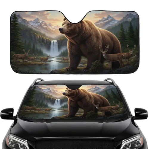 Grizzly Bear Mountain River Waterfall - Wildlife Lover Gift Car Sunshade