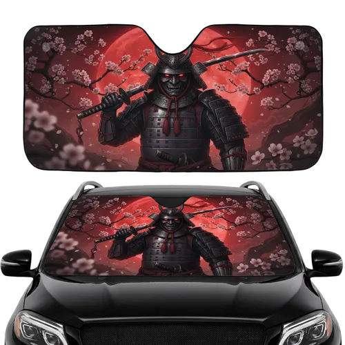 Armored Samurai Warrior Demonic Mask Kabuto Helmet Red Moon Cherry Blossom - Dark Fantasy Gift Car Sunshade