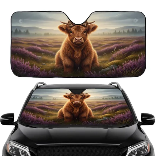 Highland Calf Leopard Bow Heather Moorland - Wildlife Lover Gift Car Sunshade