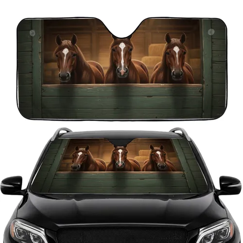 Three Majestic Bay Horses Peering from Rustic Wooden Stable - Horse Lover Farmhouse Decor Gift Car Sunshade