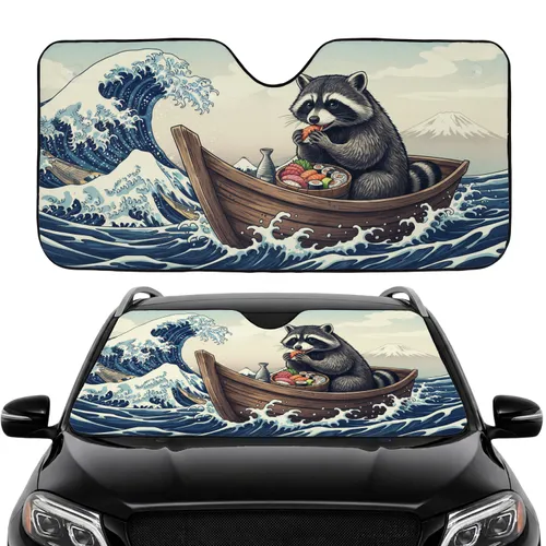 Raccoon Japanese Sushi Boat Great Wave Mount Fuji - Japanese Art Lover Gift Car Sunshade