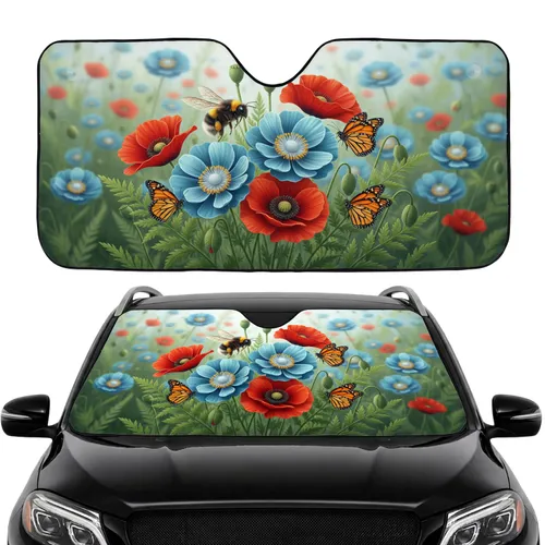 Bumblebee Monarch Red Poppies Blue Teal Flowers - Wildlife Lover Gift Car Sunshade
