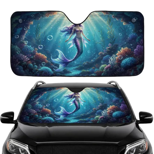 Iridescent Mermaid, Floral Adornments, Coral Reef Underwater - Ocean Life Lover Gift Car Sunshade