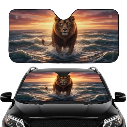 Majestic Lion Ocean Waves Sunset Sky - Nature Lover Gift Car Sunshade