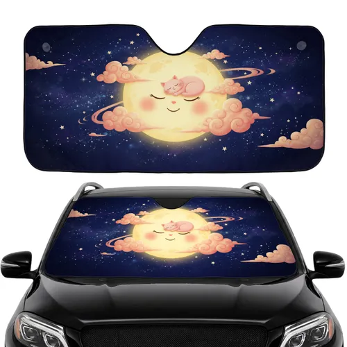 Smiling Full Moon Cat Night Sky Clouds Stars - Travel Essentials Gift for Cat Lover Car Sunshade