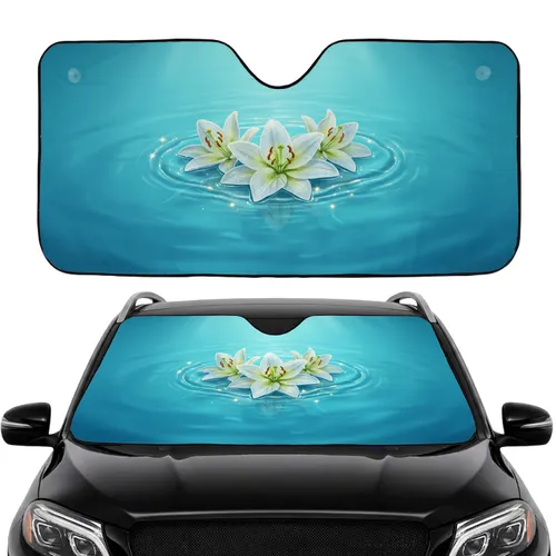 White Lilies Translucent Petals Water Droplets Turquoise Water - Car Decor Gift Car Sunshade