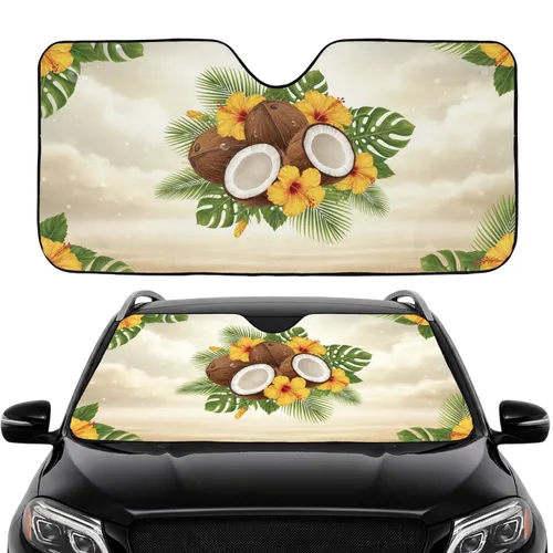 Whole Halved Coconuts Golden Hibiscus Palm Fronds - Tropical Island Decor Gift Car Sunshade