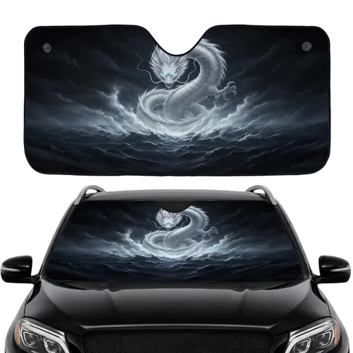 White Eastern Dragon Rising Midnight Sky - Fantasy Mythical Car Accessory Gift Car Sunshade