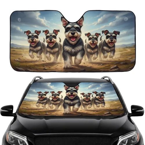 Energetic Schnauzer Dogs Charging Landscape - Adventure Dog Lover Gift Car Sunshade