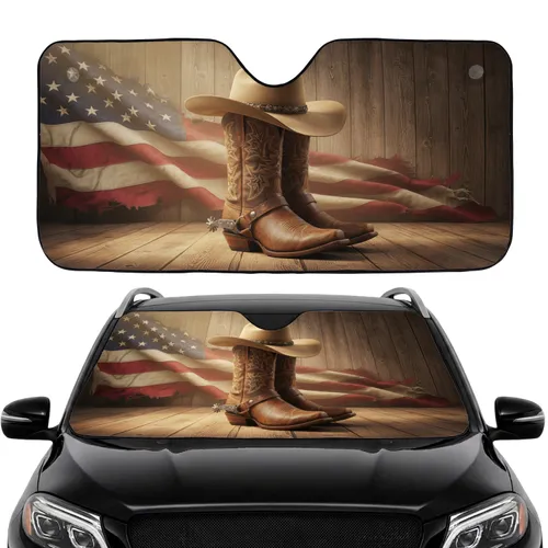 Western Cowboy Boots Hat American Flag - Patriotic Car Decor for Cowboy Fan Car Sunshade
