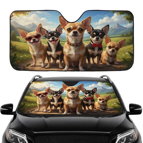Five Playful Chihuahua Dogs Countryside Road - Pet Lover Car Accessory Car Sunshade