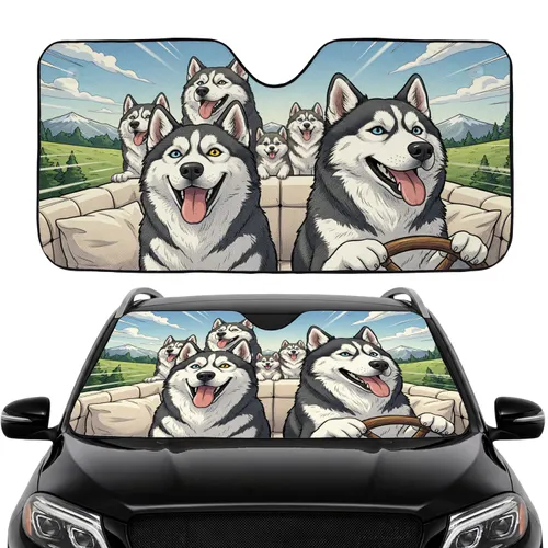 Siberian Huskies Driving Adventure Journey - Dog Lover Road Trip Gift Car Sunshade