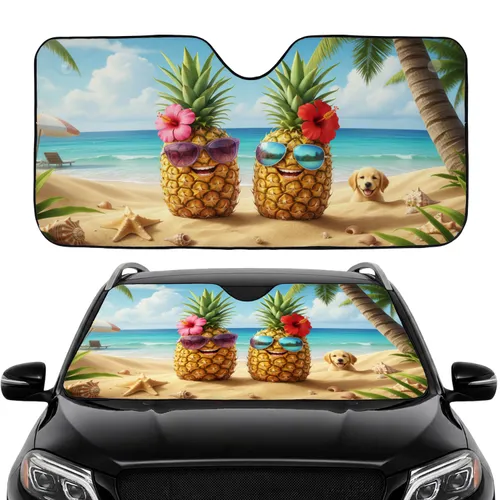 Jovial Pineapples Tropical Beach Starfish Seashells - Summer Beach Trip Car Sunshade