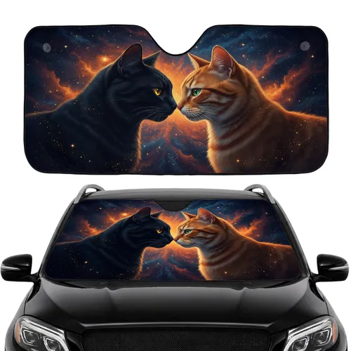 Black Ginger Cats Touching Noses Cosmic Sky - Feline Space Lover Gift Car Sunshade