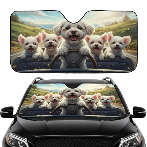 Driving Fluffy Dogs Road Trip Adventure - Dog Lover Car Accessory Gift Car Sunshade