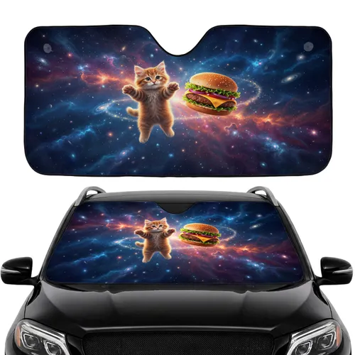 Floating Tabby Kitten Cheeseburger Cosmic Nebula Stars - Cat Lover Gift Car Sunshade